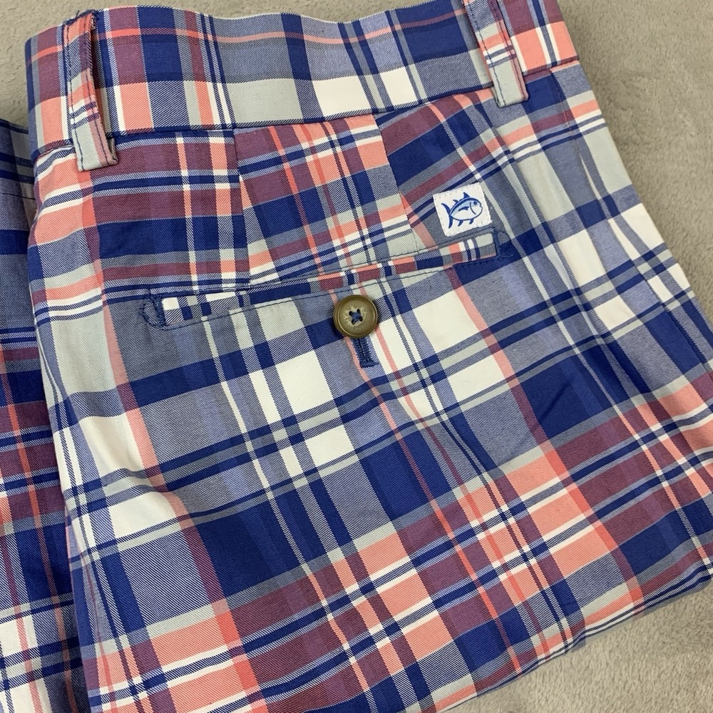 Southern Tide Skipjack Shorts Mens 35* Blue Plaid Flat Front Stretch Casual